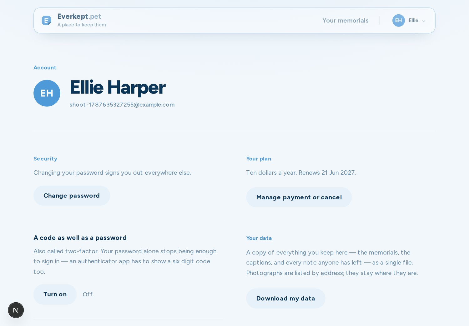 The account page